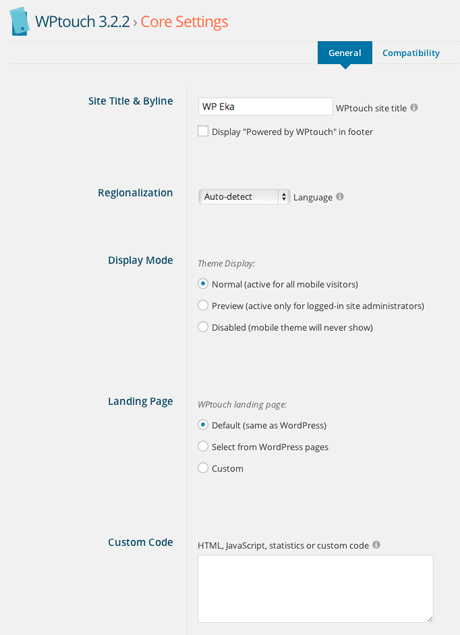 WPTouch Core Settings