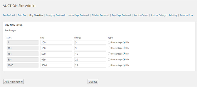 WPAuctionSoftware Fee Setup