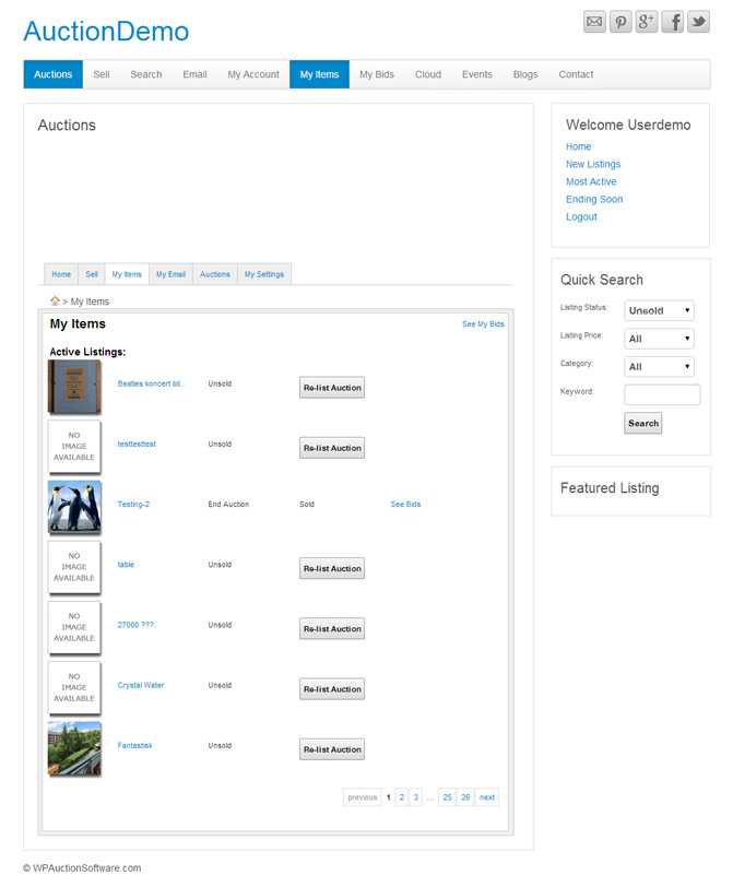 WPAuctionSoftware Item Listings