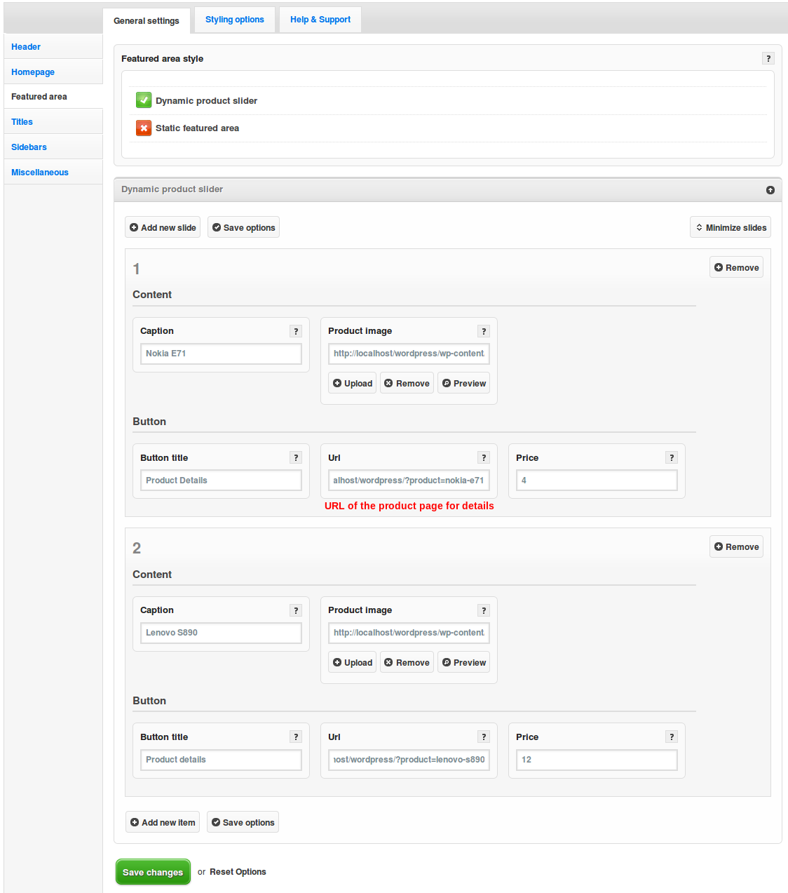 dynamic slider settings