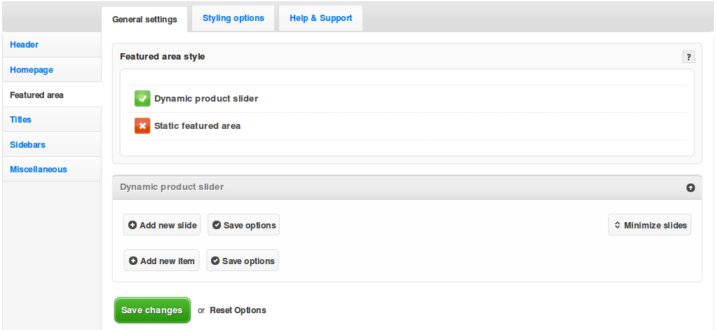 featured area general settings