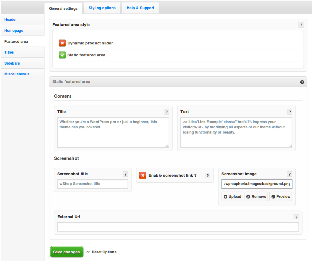 static featured area settings