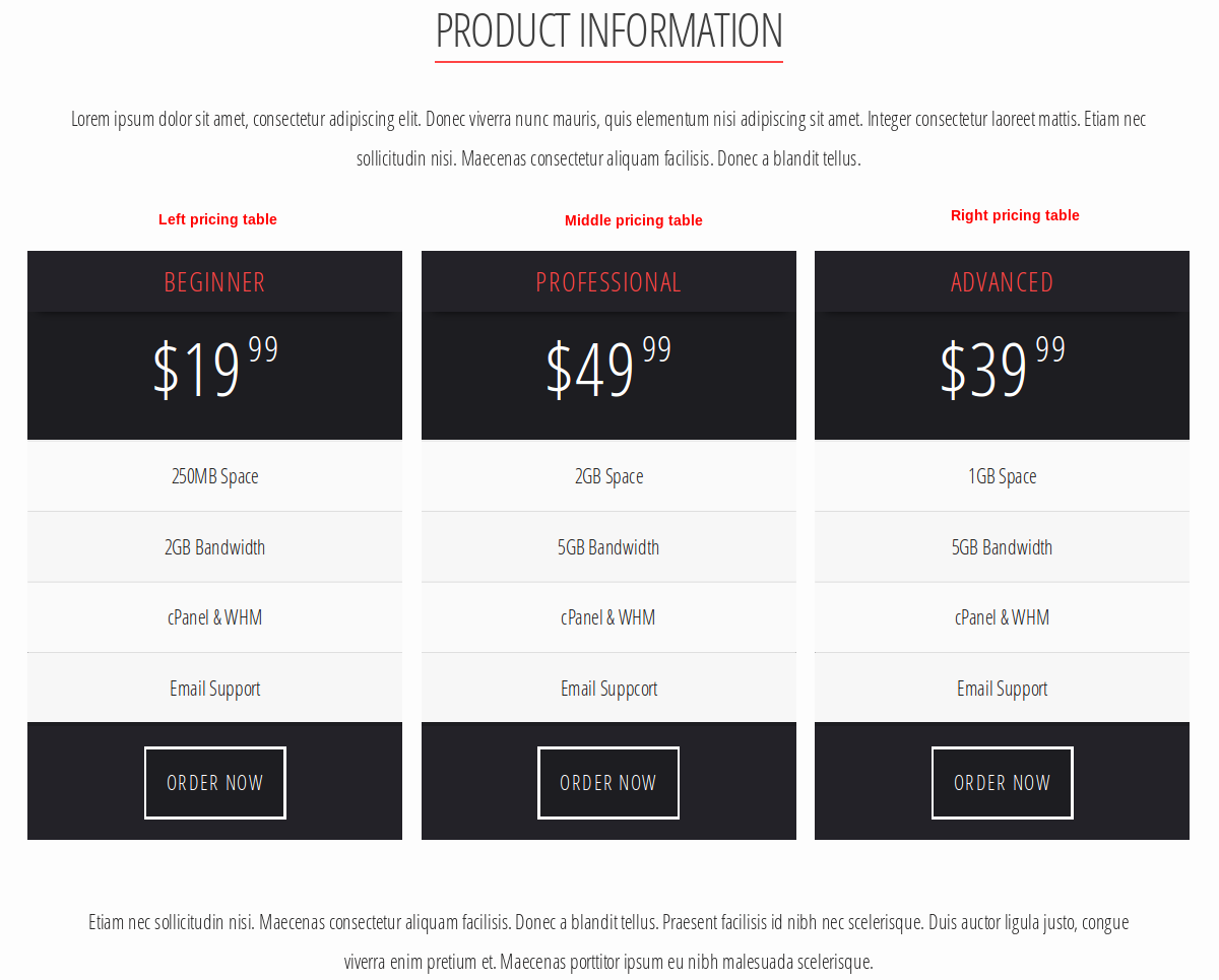 pricing tables preview