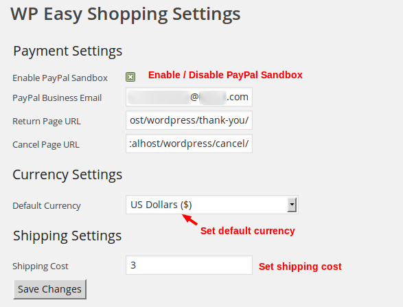WP Easy Shopping - Settings