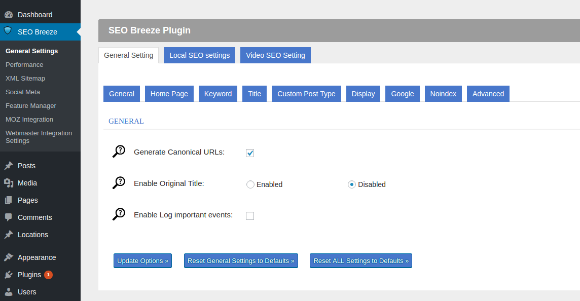 SEO Breeze wordpress plugin dashboard
