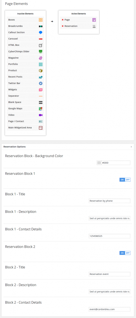Cordon Bleu restaurant theme in wordpress - Page Elements