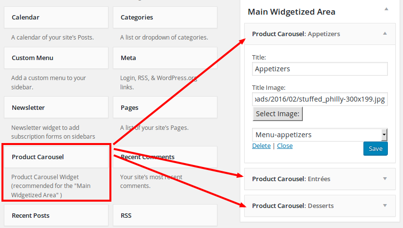 Cordon Bleu wordpress theme for restaurants - Product Carousel Widget Customize