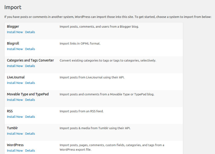 wordpress 4.6 new import layout