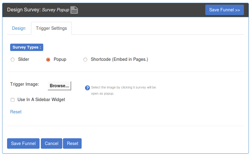 SurveyFunnel - Add Funnel - Trigger Settings tab - Popup