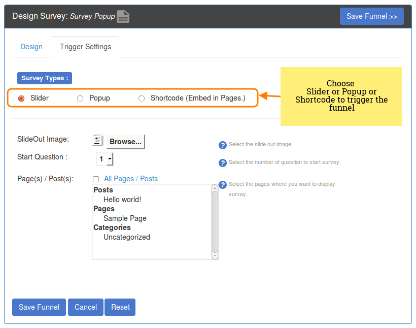 SurveyFunnel - Add Funnel - Trigger Settings tab