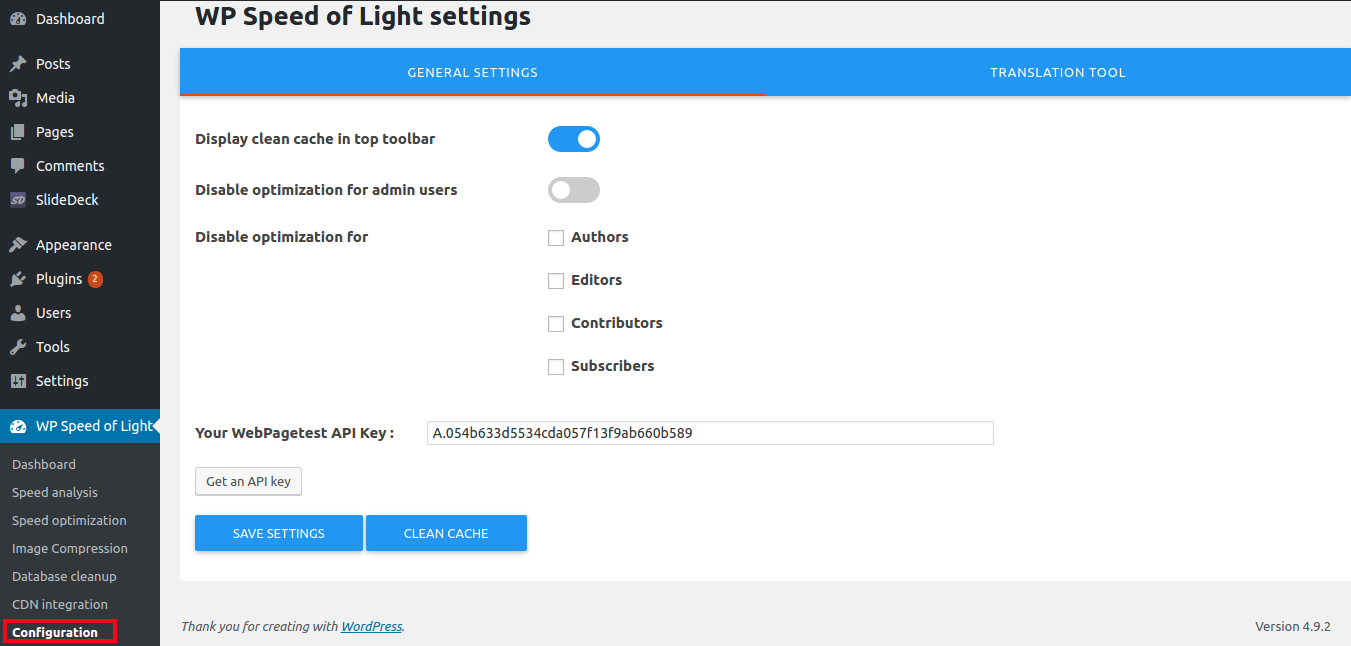 WP Speed of Light Configuration