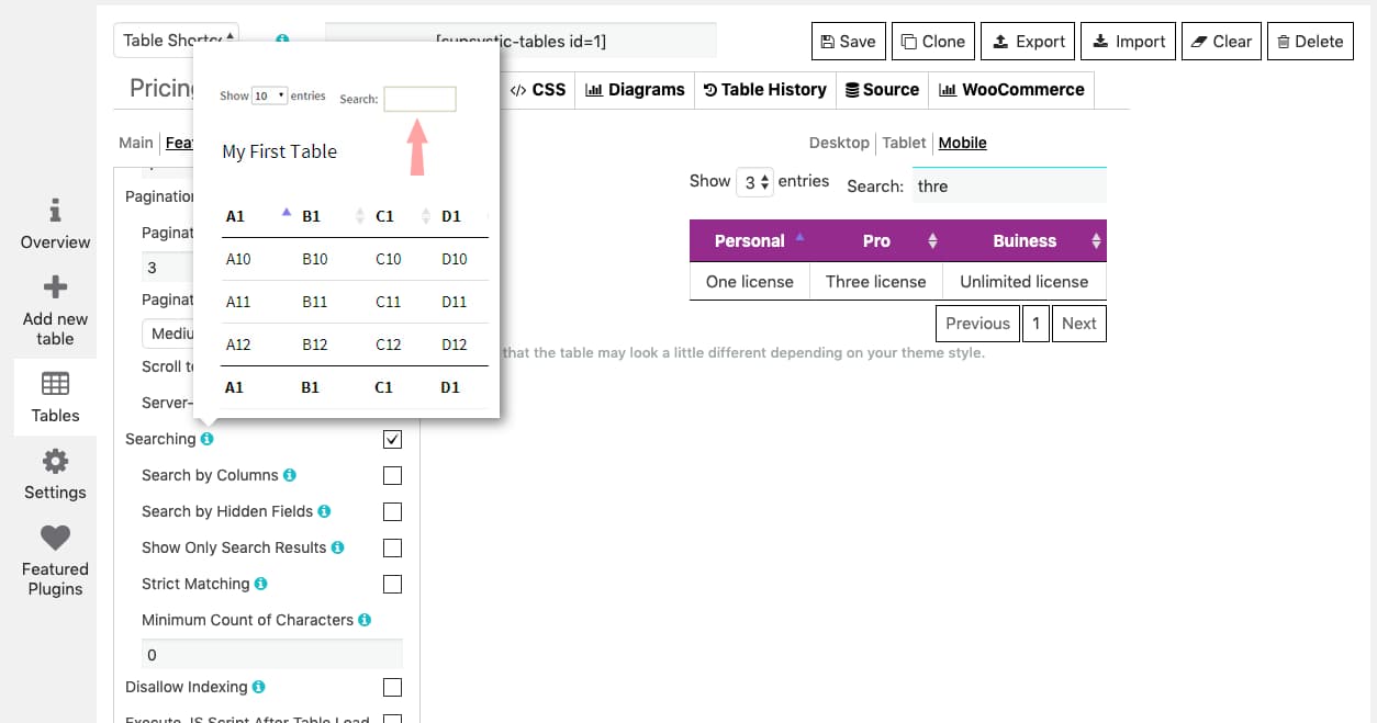Enable Search of WordPress Data Table