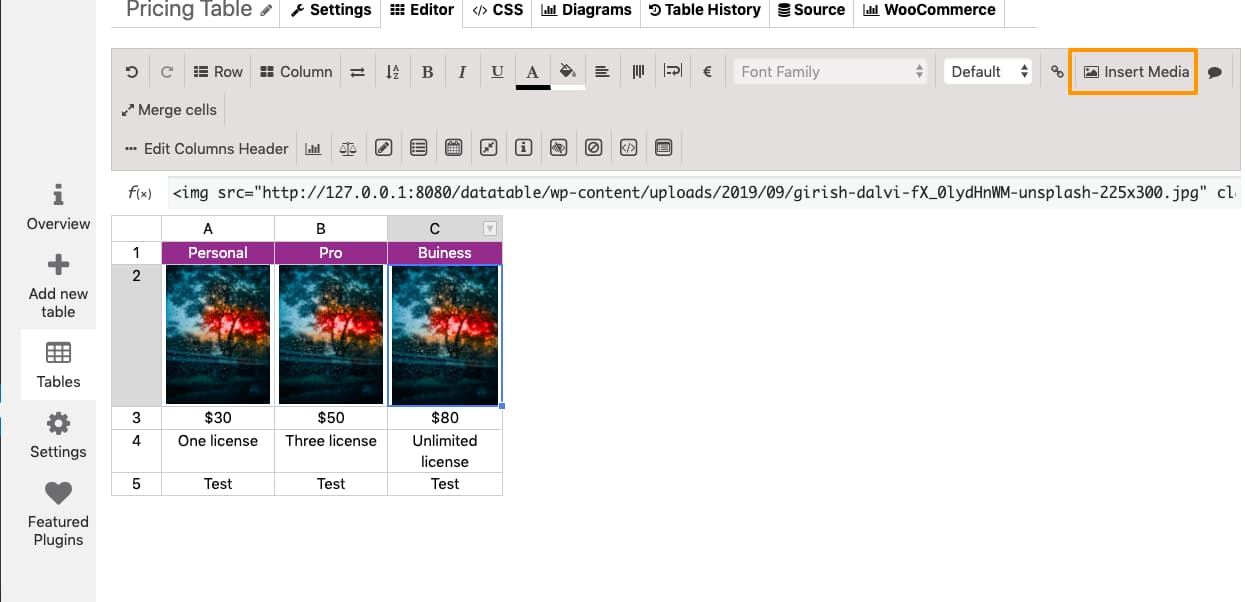 Insert Media in Table- data table