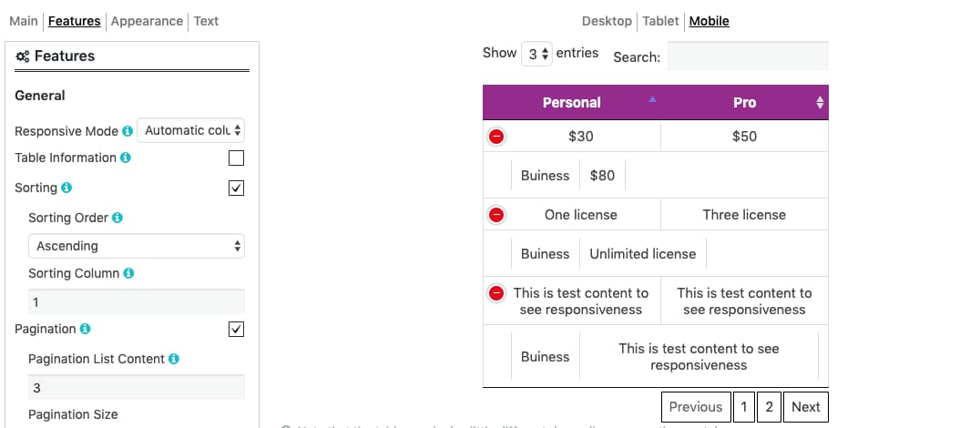 Responsiveness of data table plugin