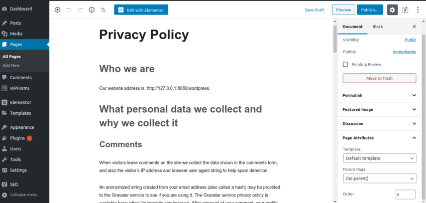 editing the privacy policy page