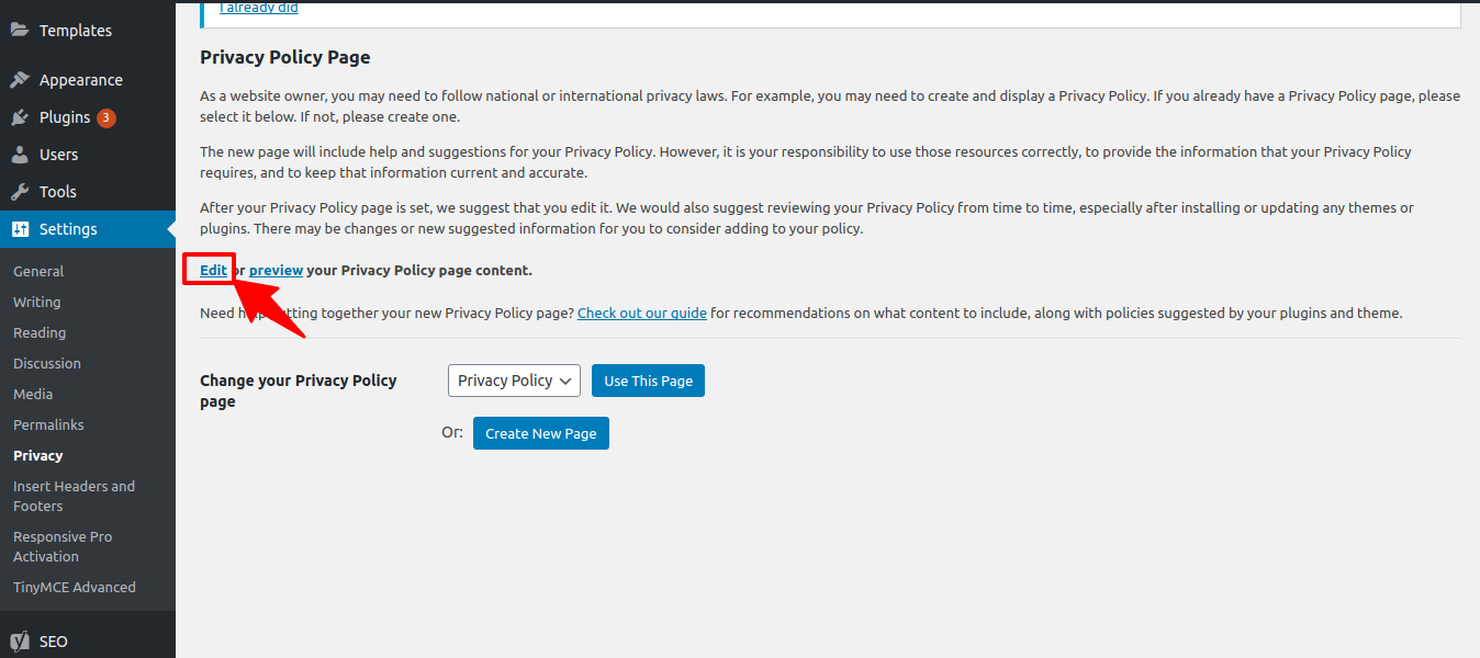 Previewing the privacy content 
