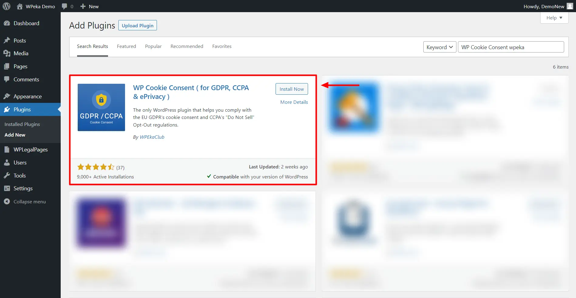 Installing Wpeka Cookie Consent plugin