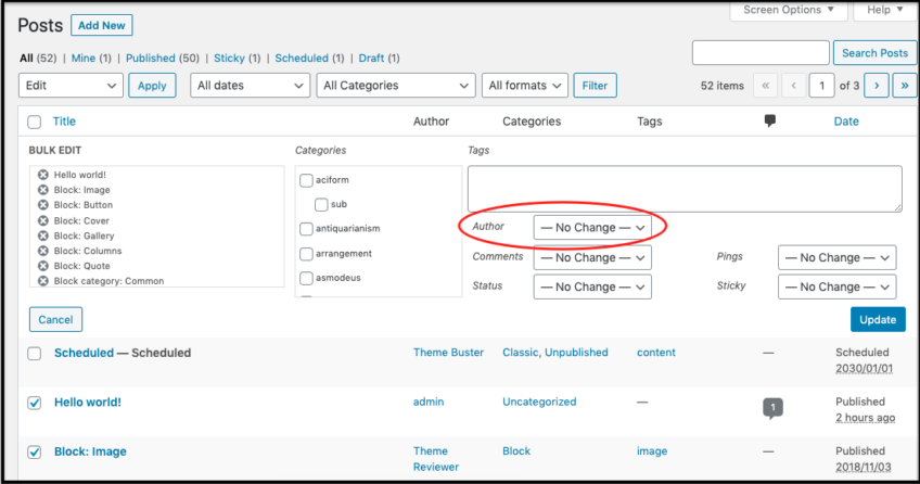 Update author for multiple posts
