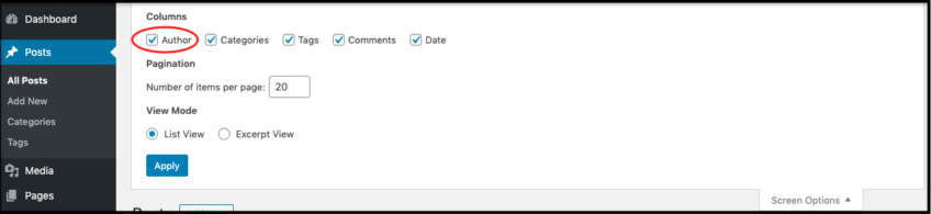Select the Author column to display in all posts page