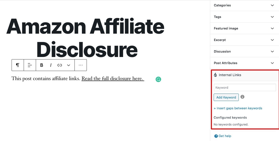 Place Internal Link using Keyword Editor