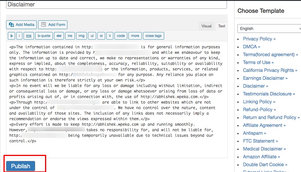 Ad the template and click Publish