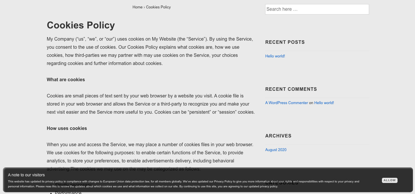 Example of Cookie Policy Page