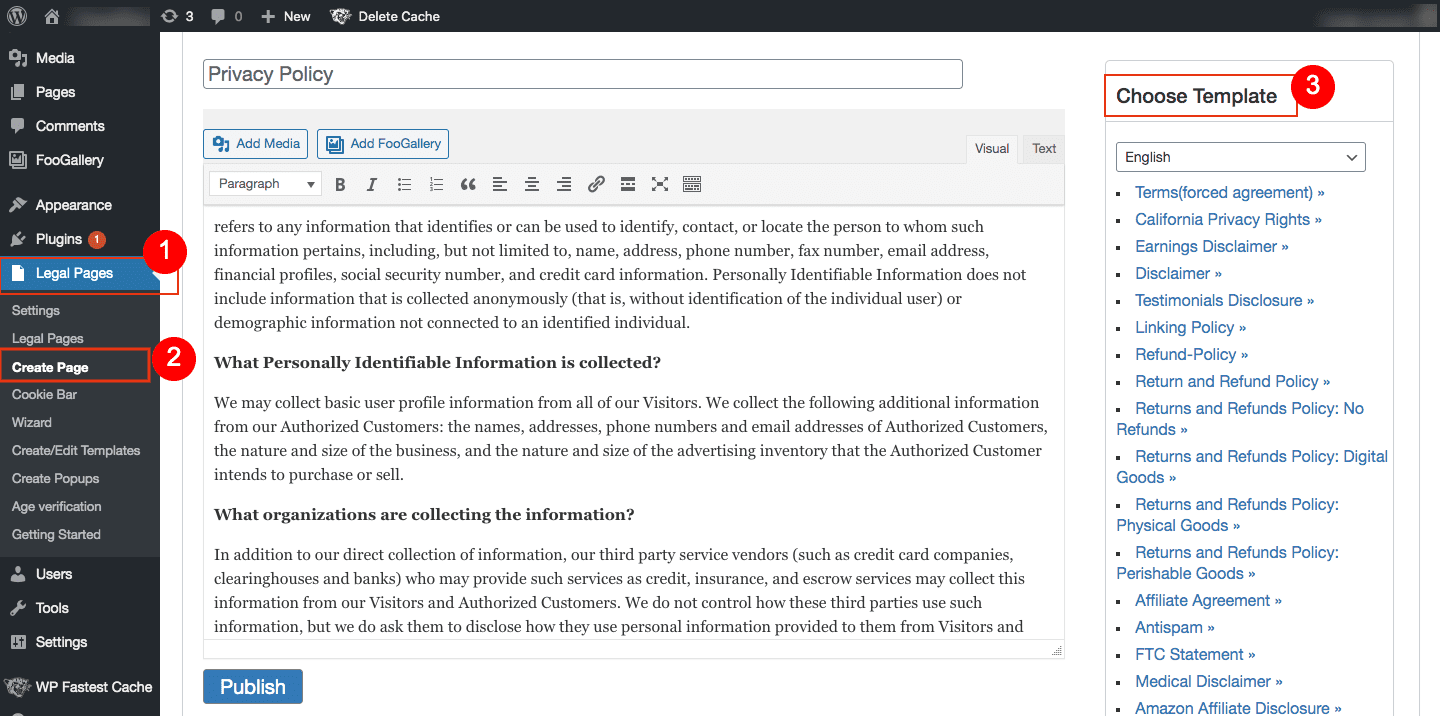 WP Legal Pages Dashboard