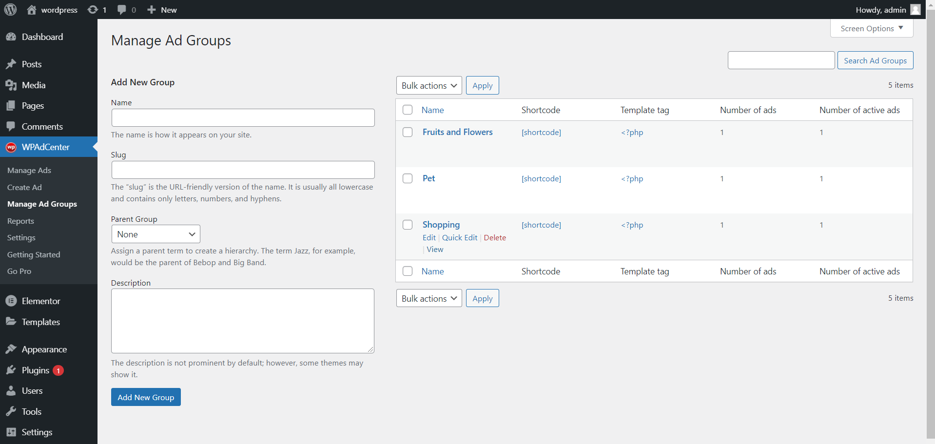 WP AdCenter Ad groups