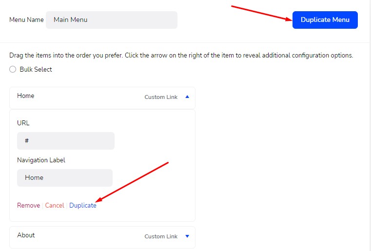 Duplicate menu Duplicate menu