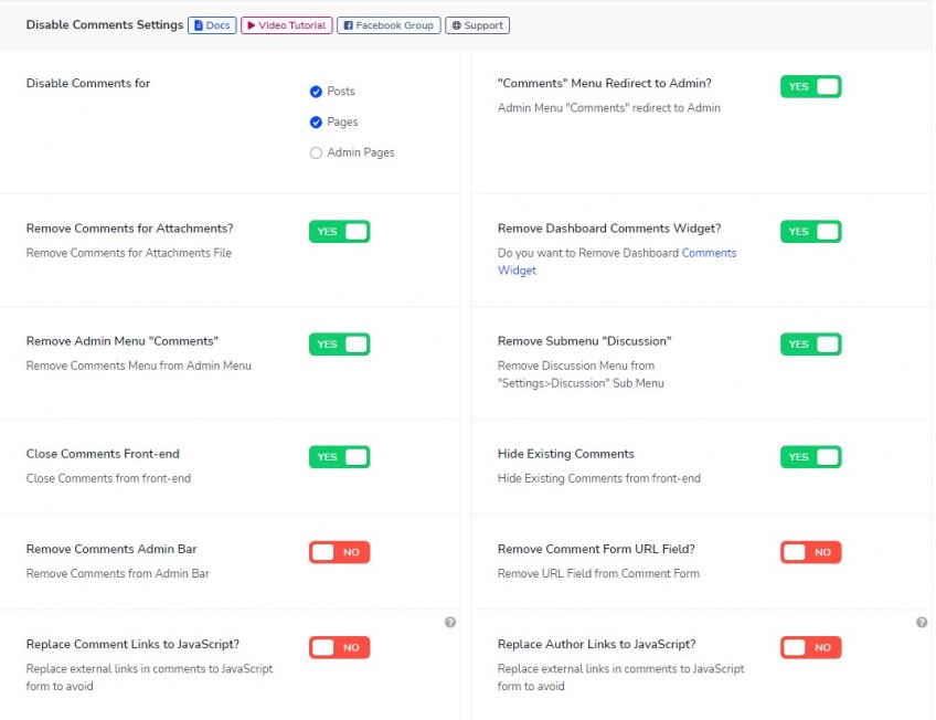 Disable comments settings Disable comments settings