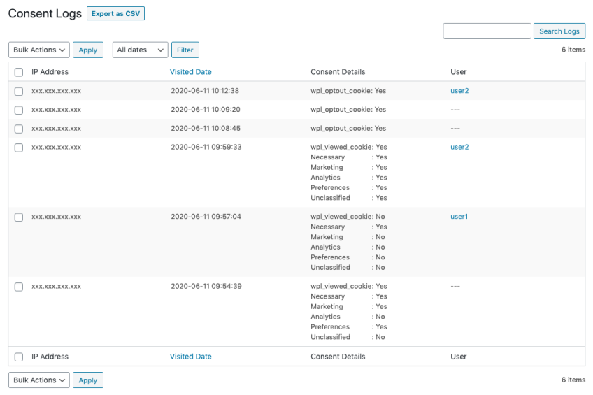 GDPR Cookie Consent Pro- Cookie consent log