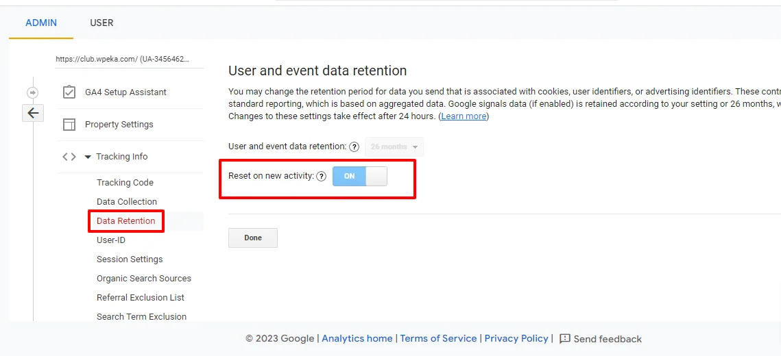 Data retention in Google Analytics for Users