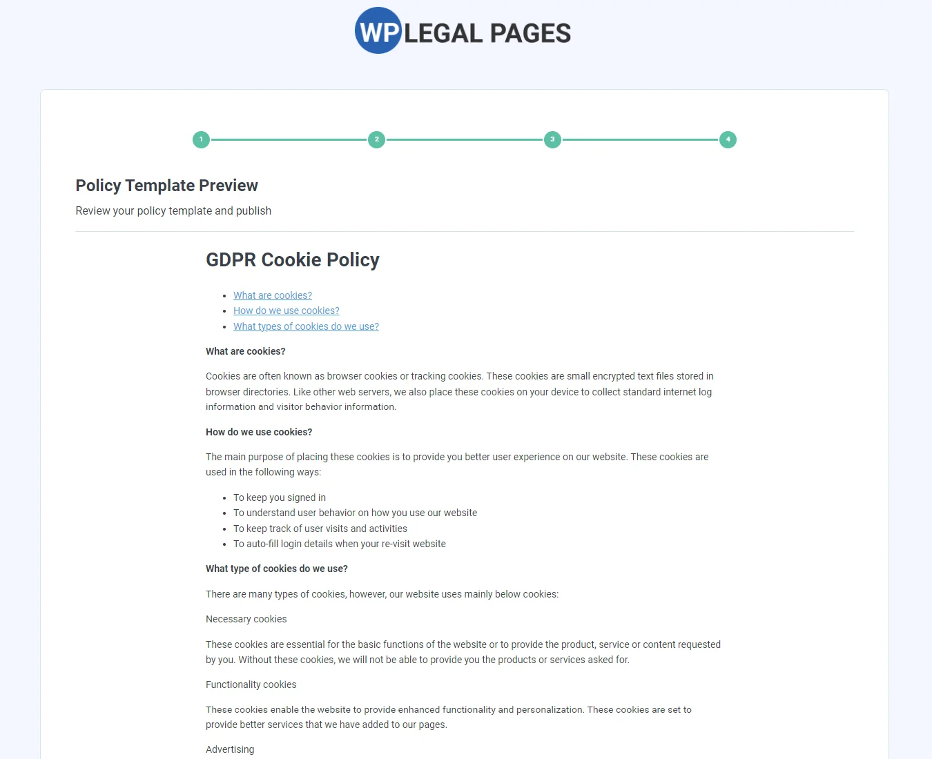 Cookie policy legal pages for websites