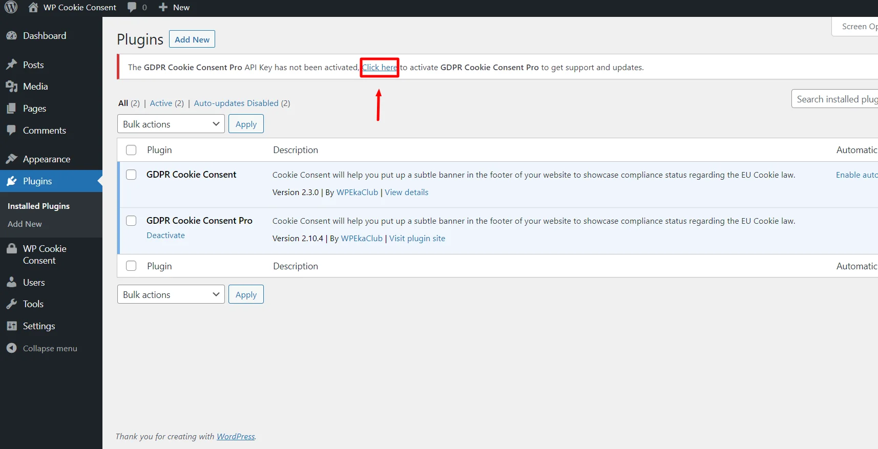 Clicking on Click here