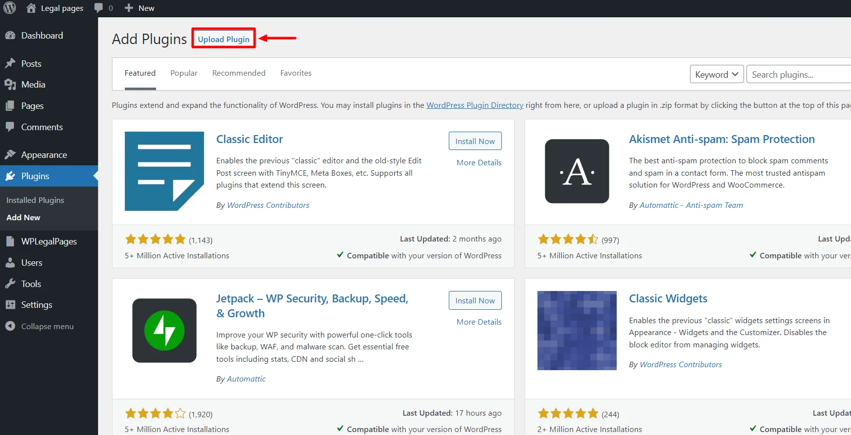 Clicking the Upload plugin button