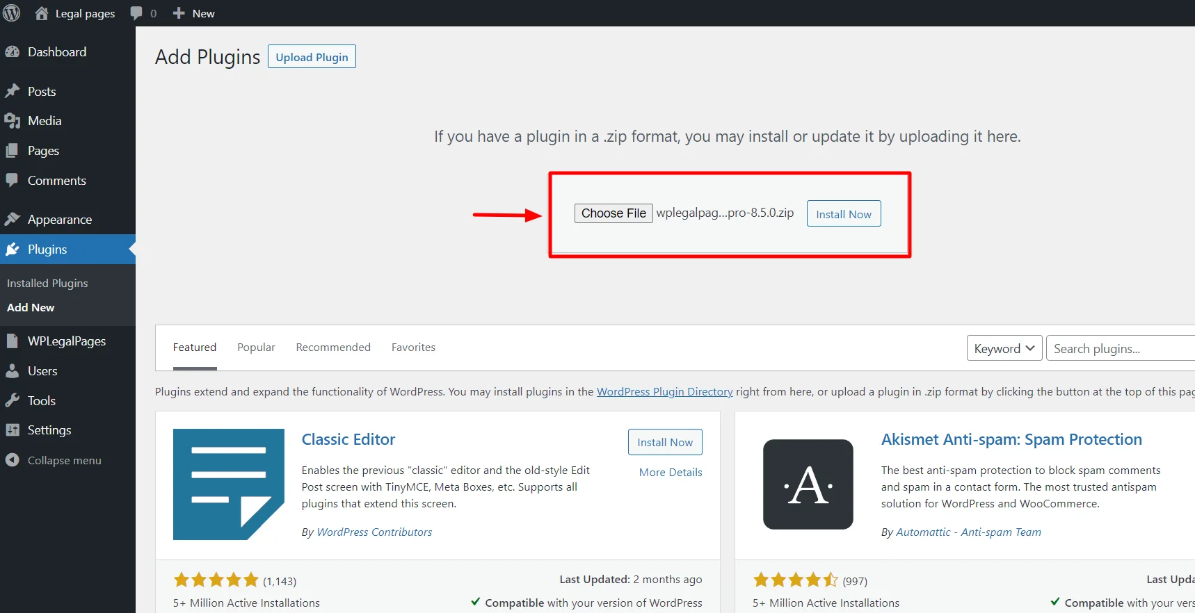 Uploading the zip file of the plugin