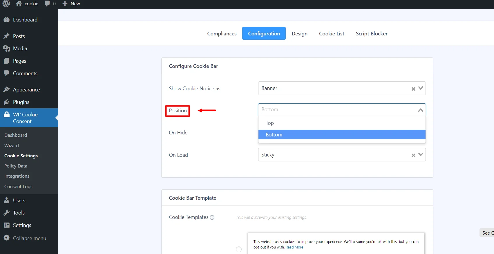 Selecting the position of the banner