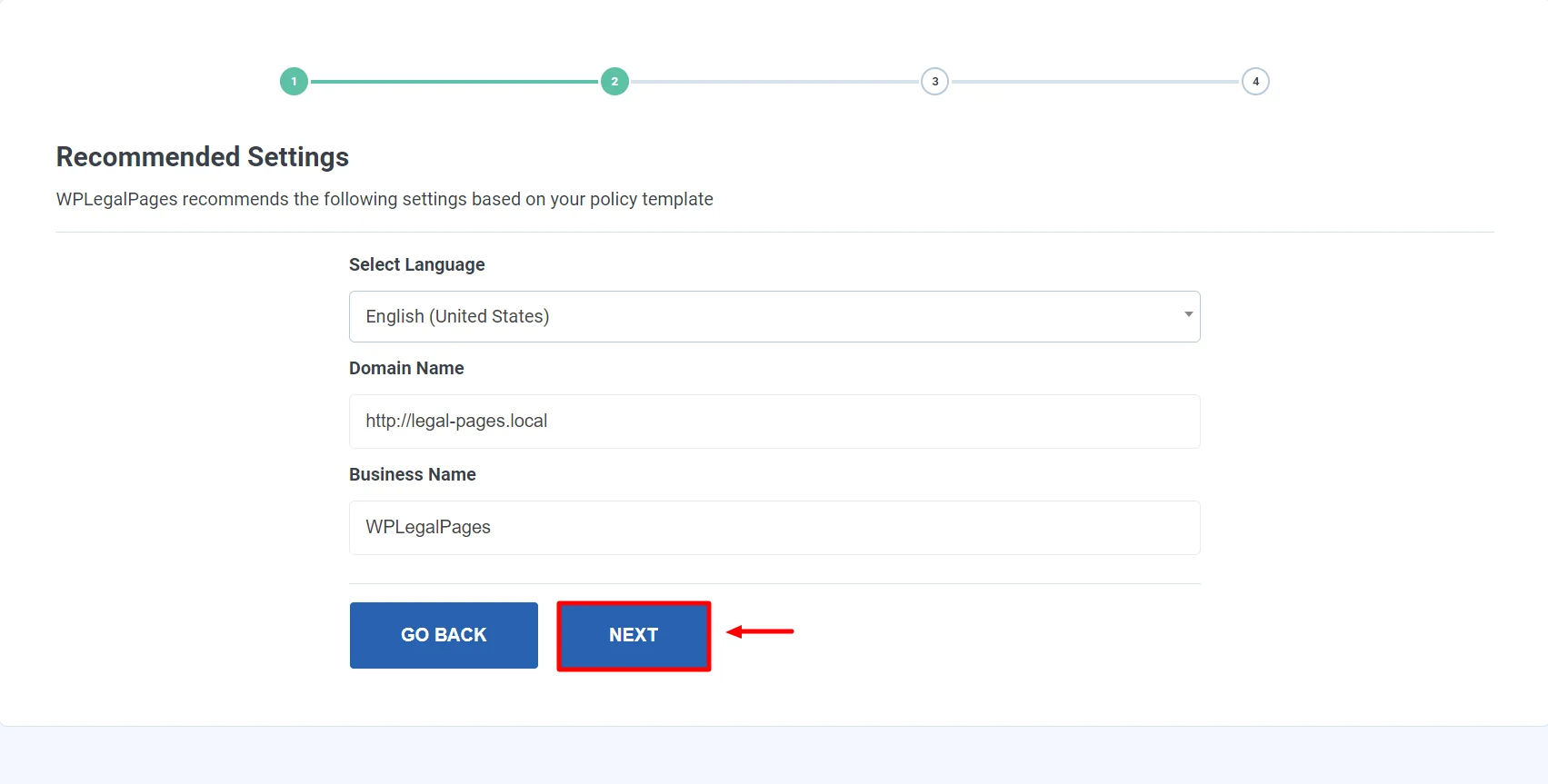 Filling the initial business information - Impressum policy page
