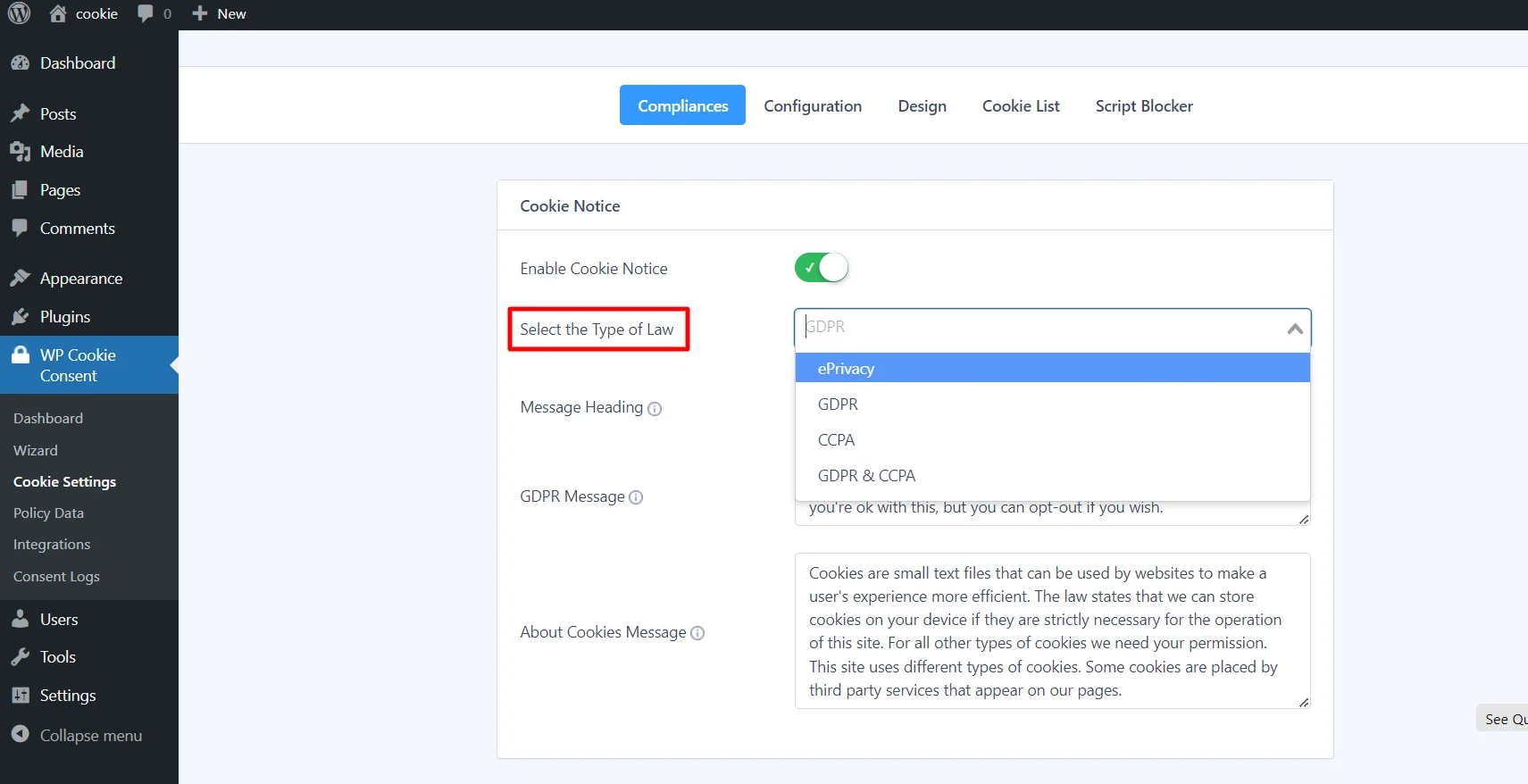 Selecting the type of law for the targeted market