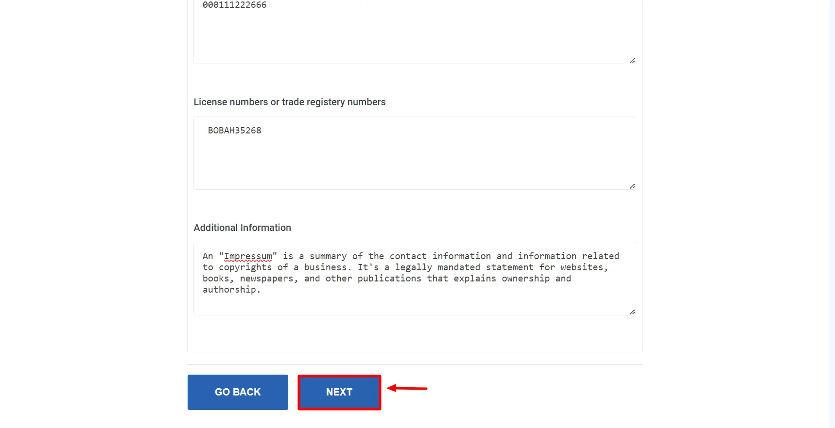 Filling the owners details- Impressum policy page