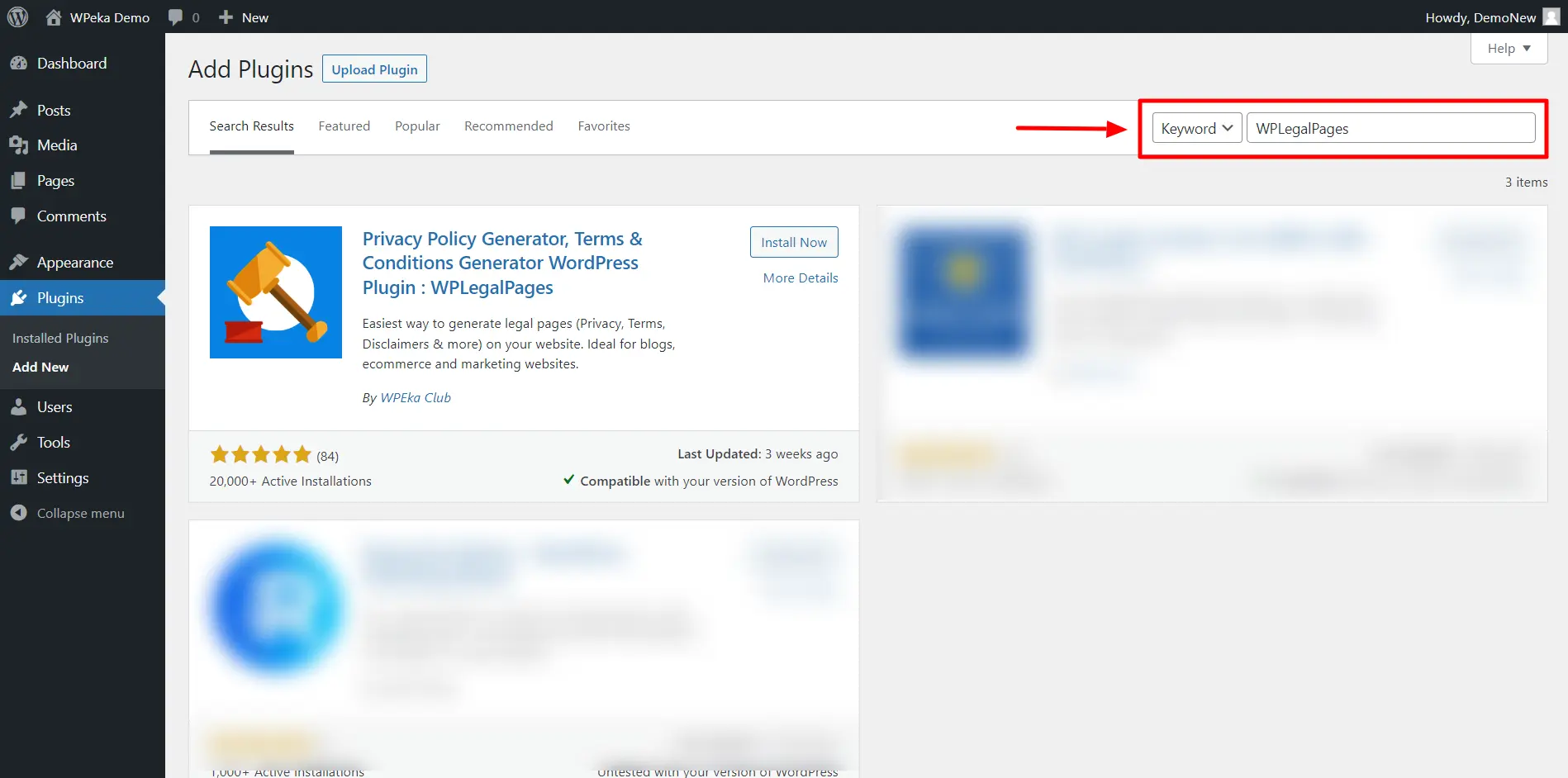 WP Legal Pages> Search Bar