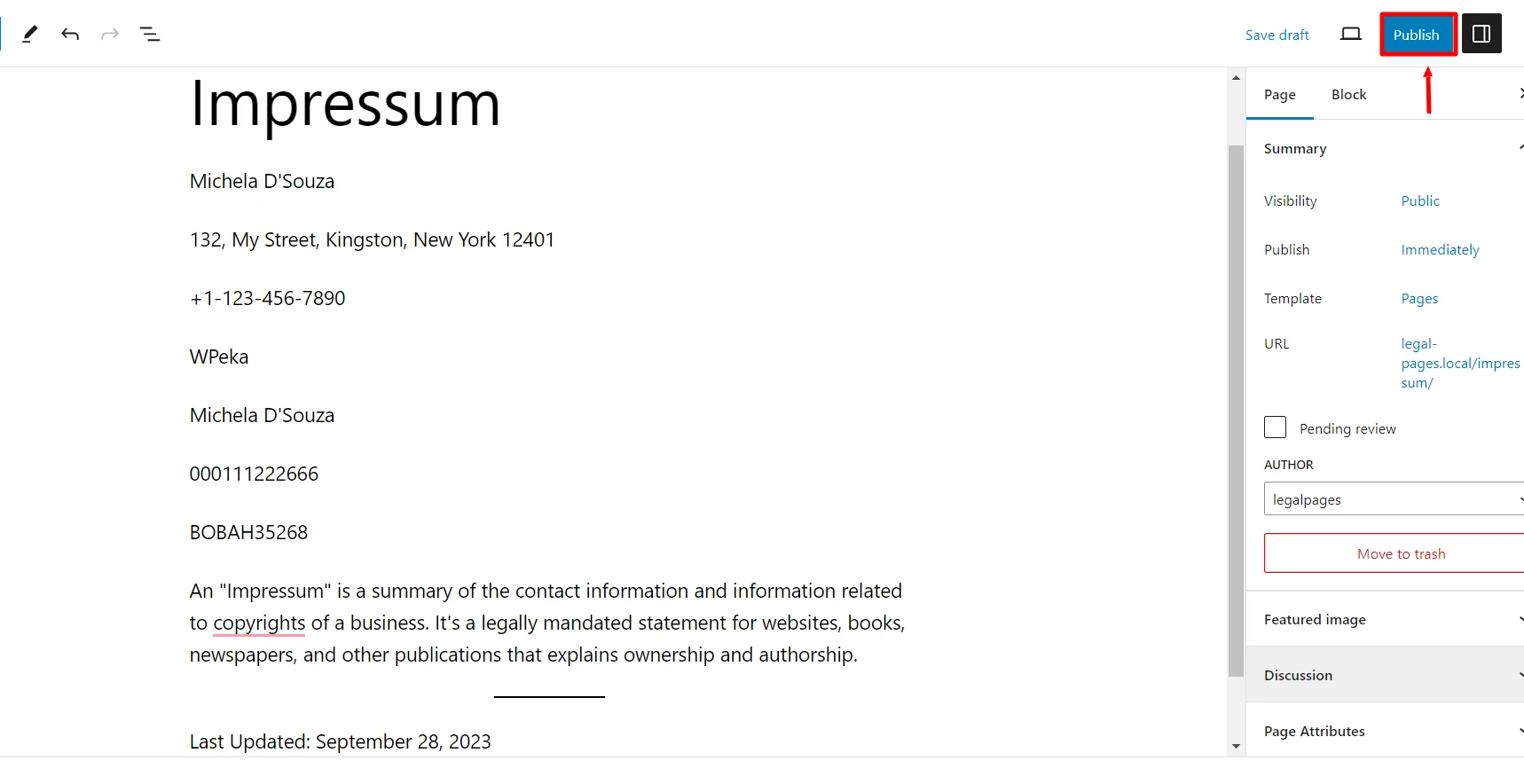 Publishing the Policy page - Impressum policy page