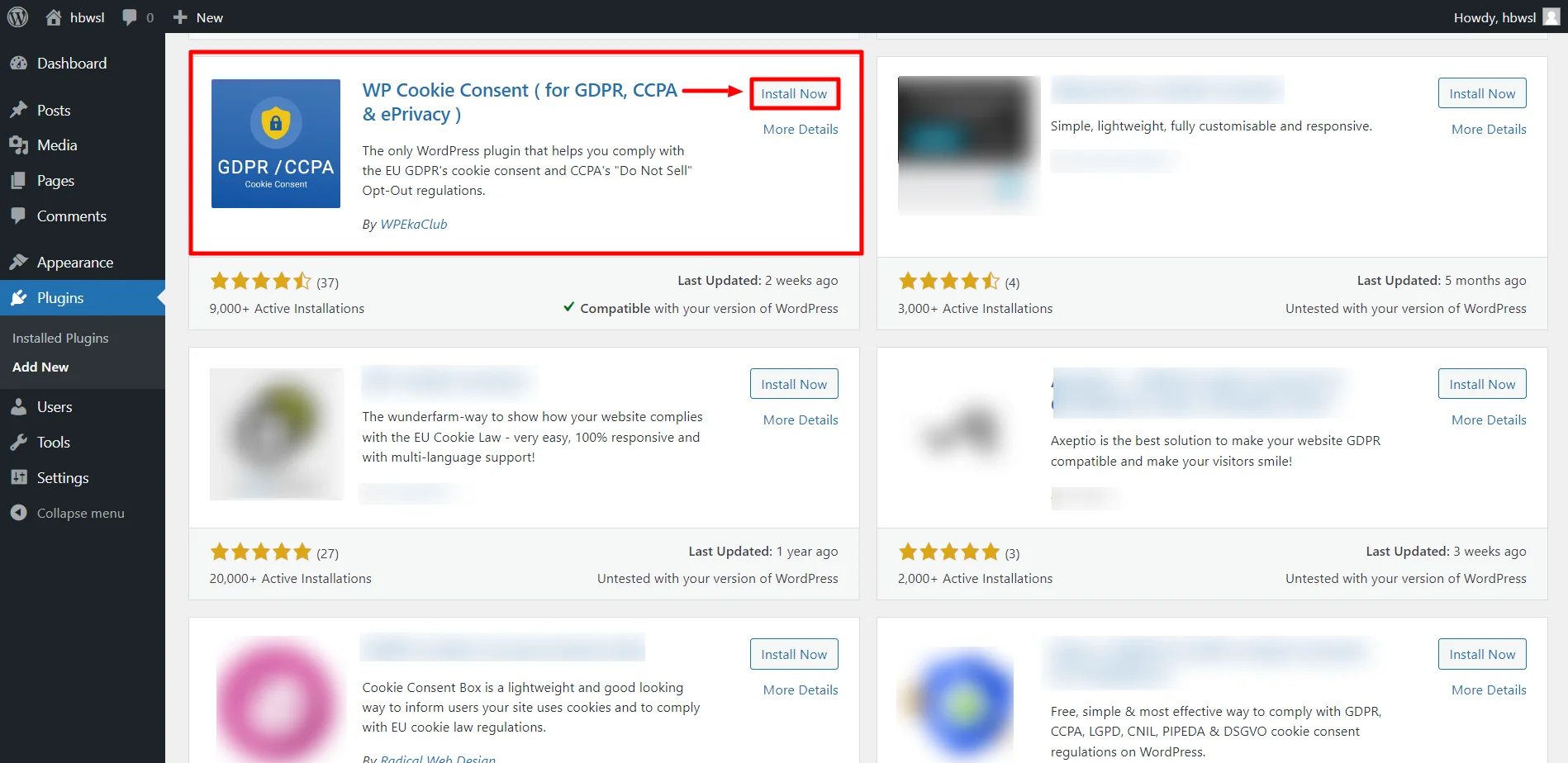 Installing the Plugin - WP Cookie Consent