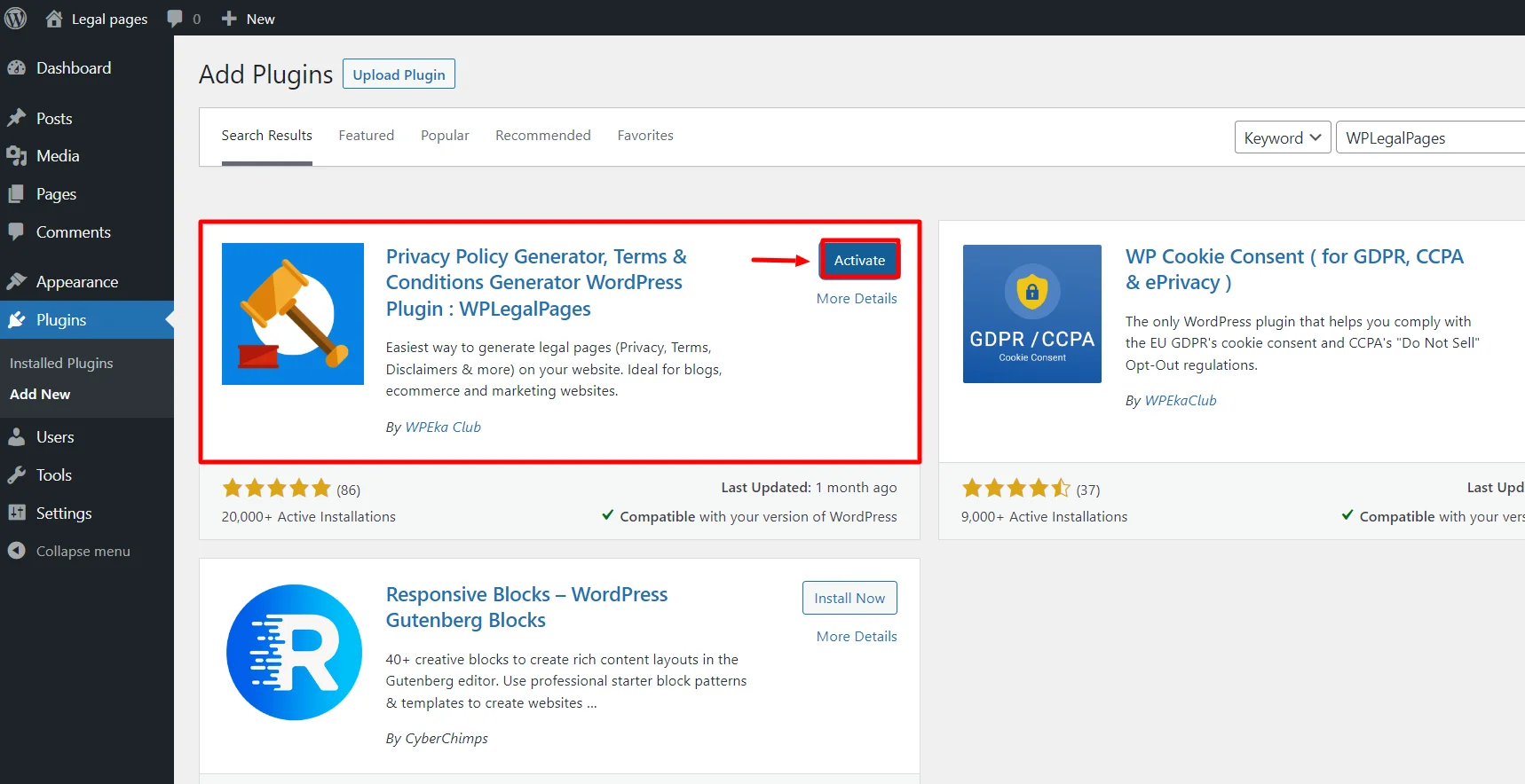 Activating WP Legal Pages