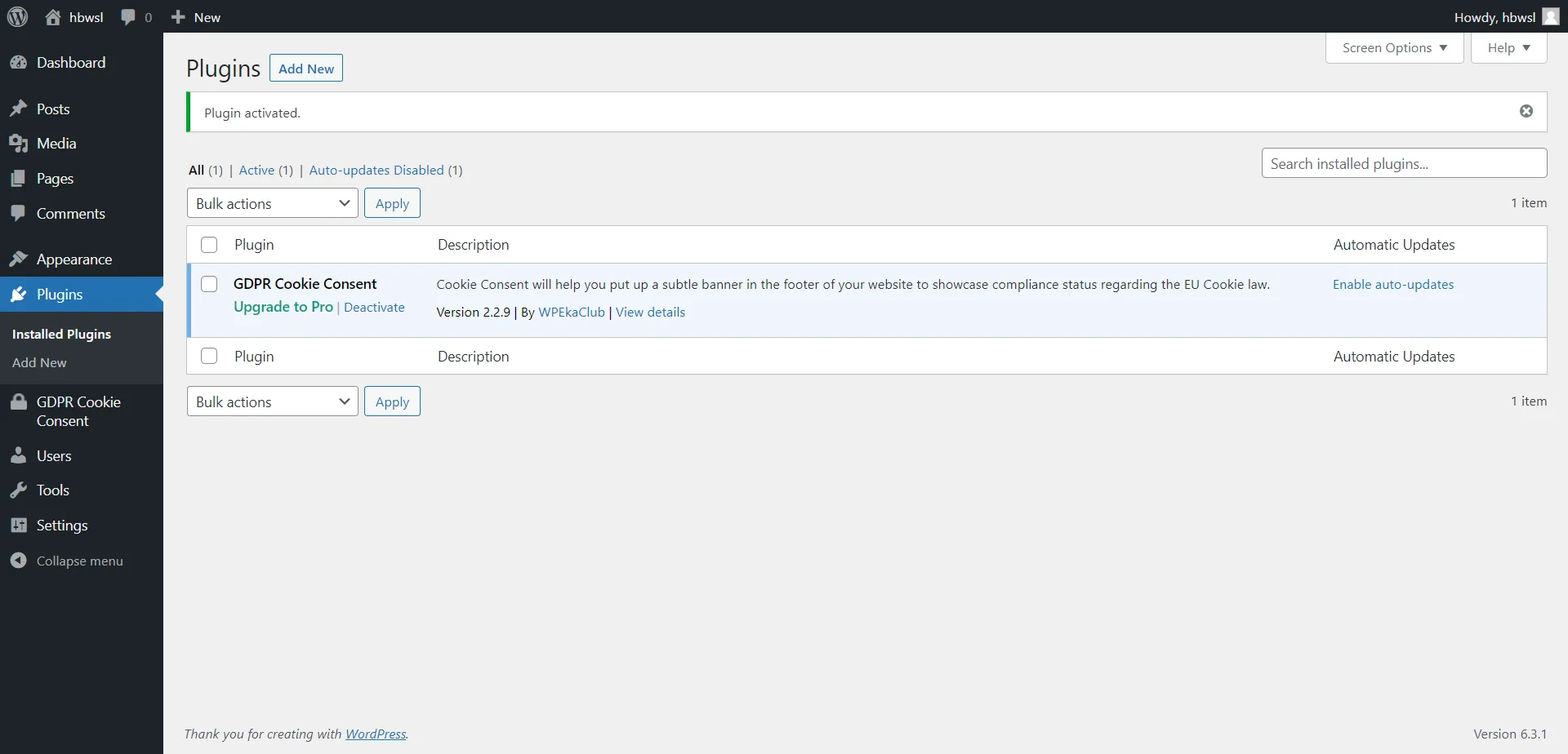 WP Cookie Consent is in the dashboard