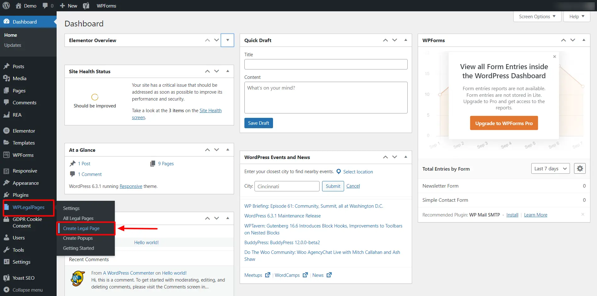 WP Legal Pages> Dashboard