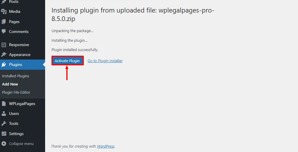 Activate WPLegalPages pro plugin