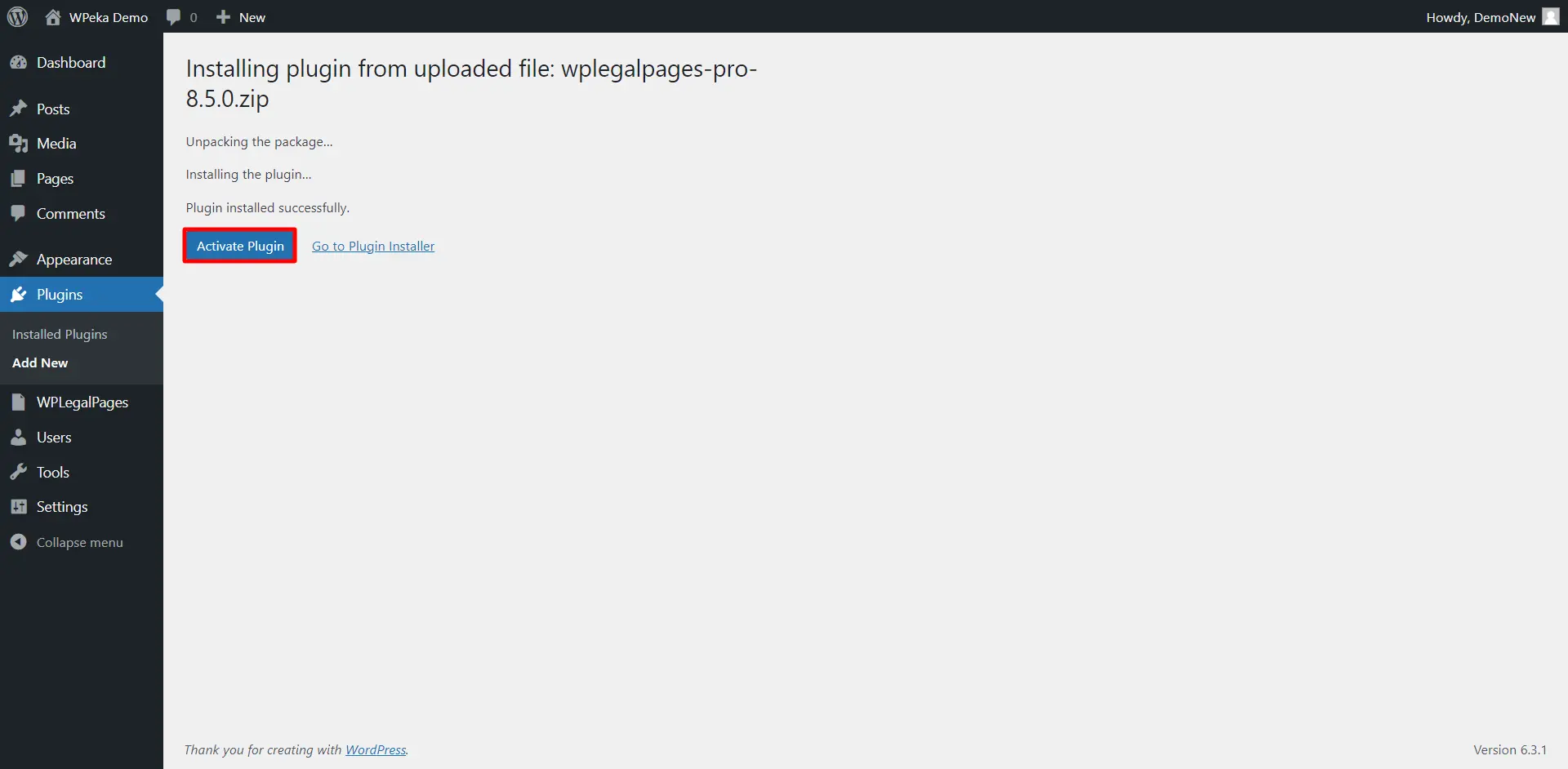 WP Legal Pages> Activate plugin
