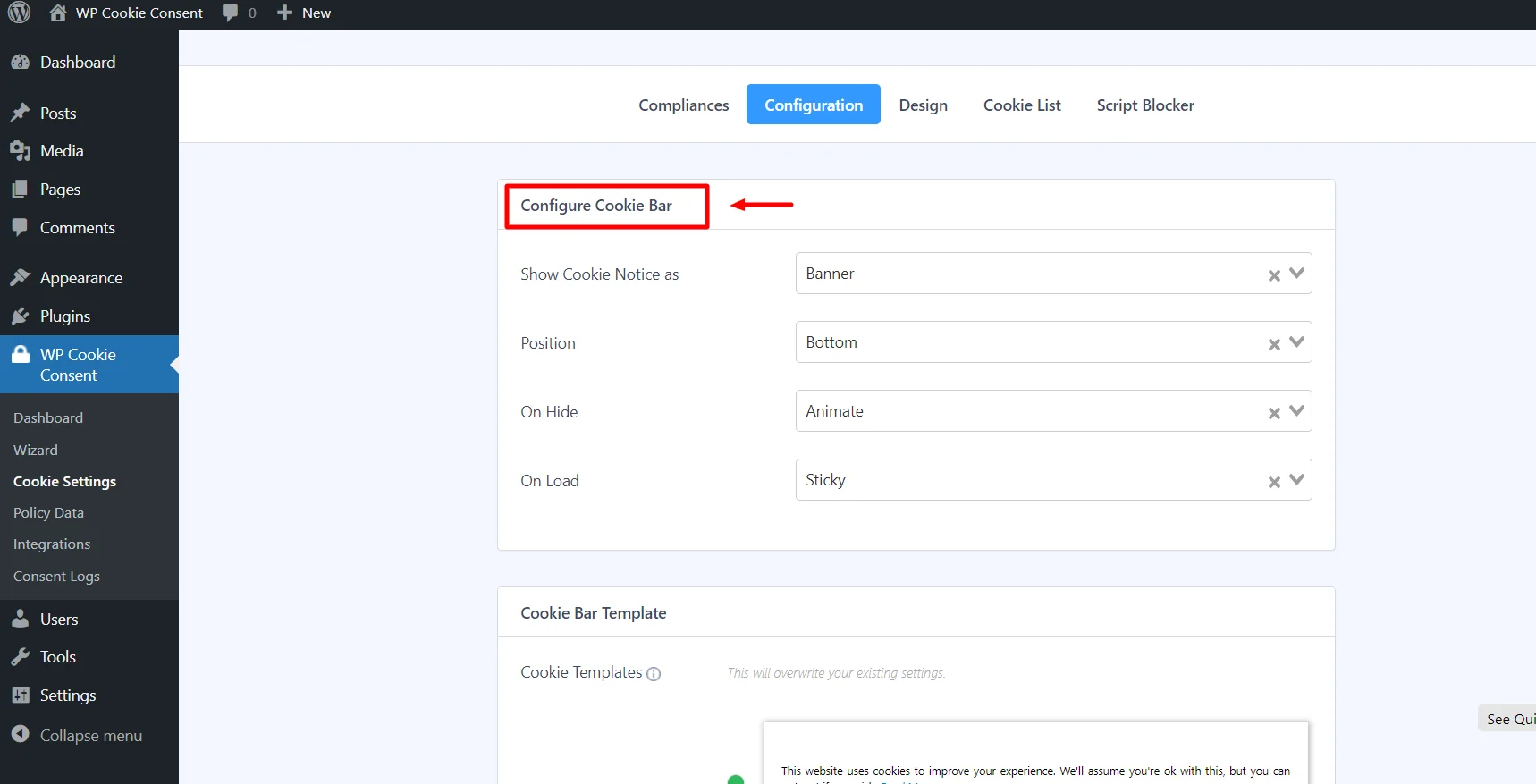 Configure Cookie Bar