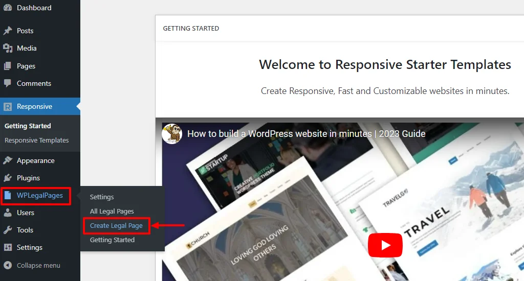 Hover on WPLegalPages and click on Create legal page